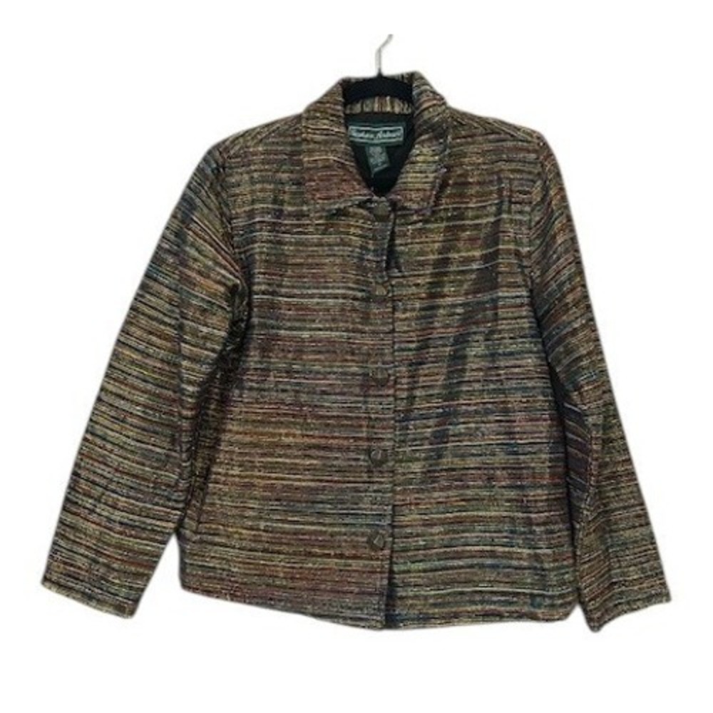 VIntage Women's Textured‎ Striped Blazer M Jacket Multi-colored Shiny Silk Blend